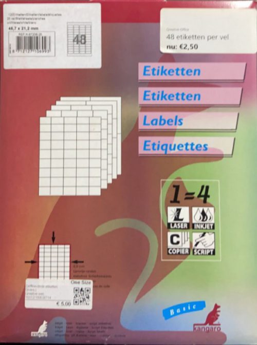 Universele etiketten - 45.7 x 21.2 mm - 25 vel a 48 stuks bij debadeend.nl