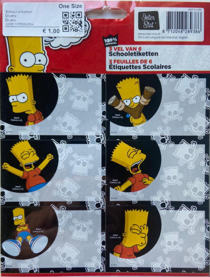 Schooletiketten - The Simpsons: Bart Simpson - 18 etiketten (3 vellen, 6 labels per vel) bij debadeend.nl
