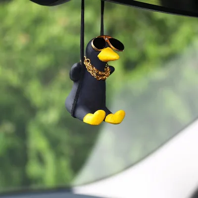 Autospiegel Ornament Hangende Zwarte Eend "Stoer" op Schommel